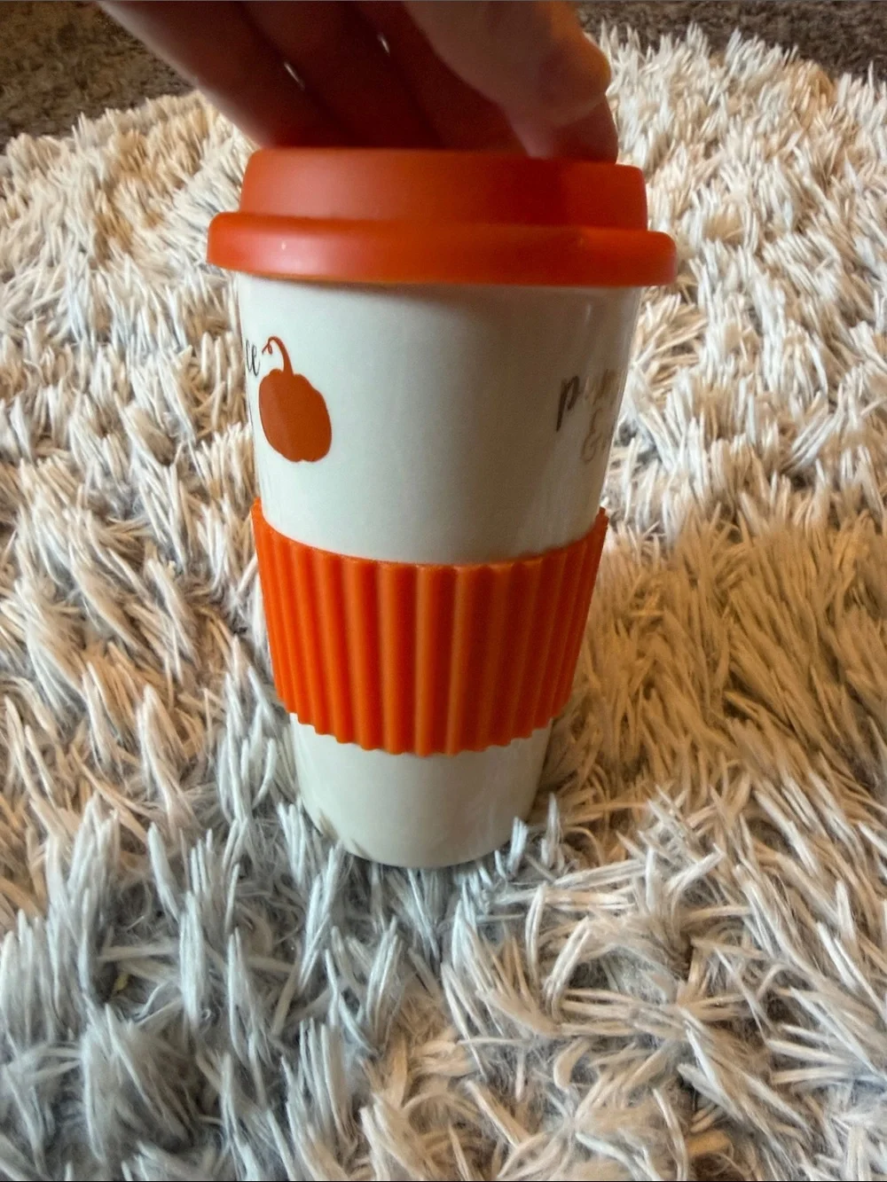 Pumpkin Spice Travel Mug with Orange Silicone Lid & Sleeve